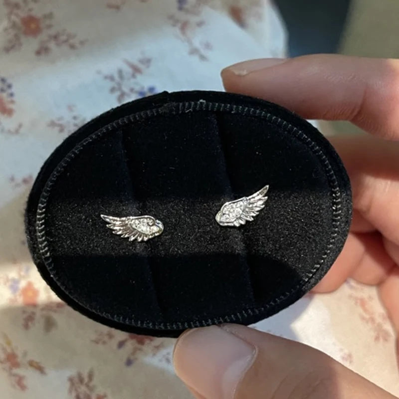 Fashion Zircon Wing Stud Earrings for Women Luxury Shiny Crystal Creative Angel Wings Cross Silver Color Ear Studs Jewelry Gi