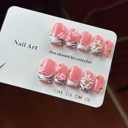 10pcs high-end Pink girlish style, hand-painted three-dimensional carvings, decorated with small gold beads handmade French T