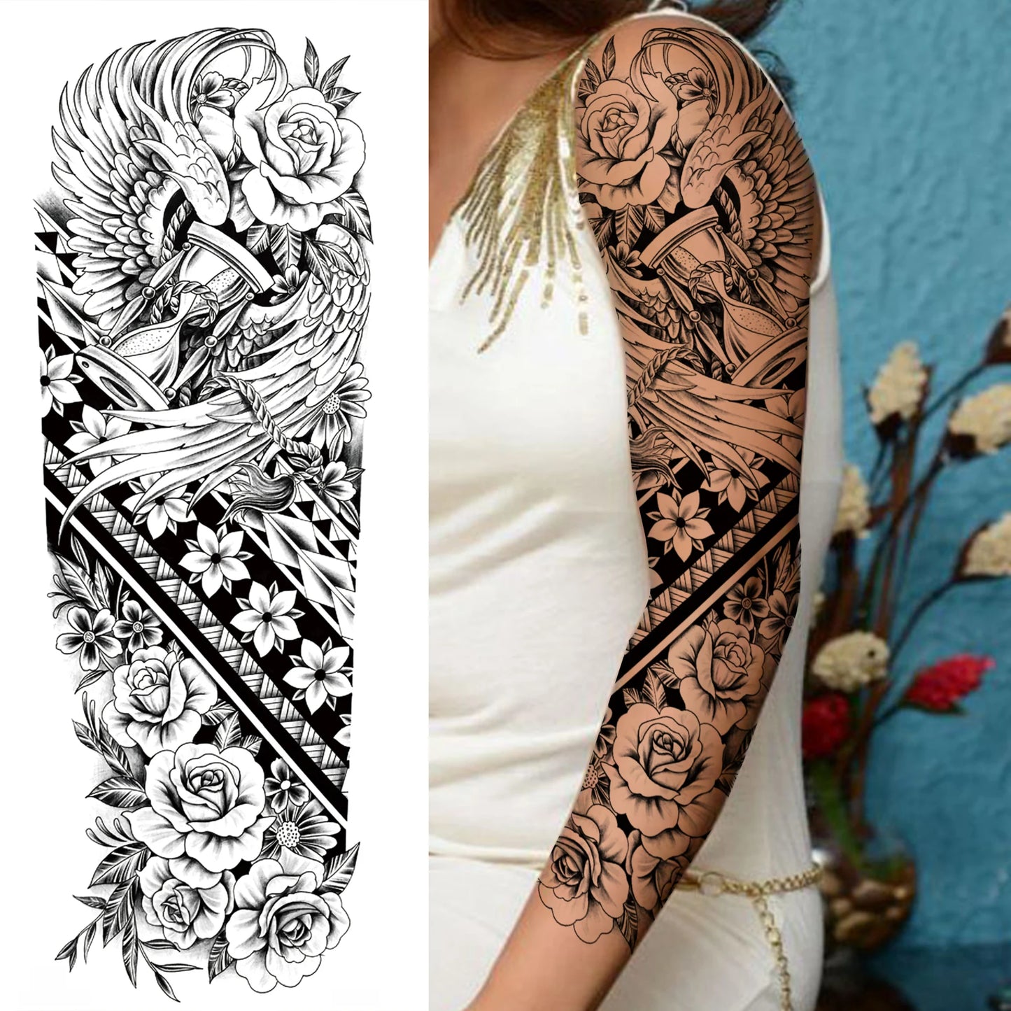 1 Sheets Wolf Lion Tiger Maori Temporary Tattoos For Men Women Adults Full Sleeve Arm Flower Rose Skull Tattoo Sticker Decor 