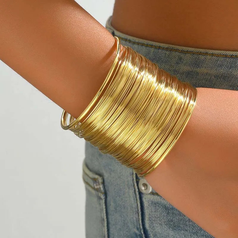 Vintage Gold Color Hyperbolic Layered Wide Wire Bracelet Cuff Bangle for Women Exaggerated Metal Wrist Wrap Bangle Jewelry Gi
