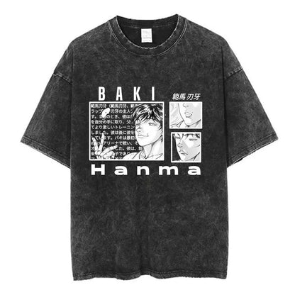 Vintage Washed T Shirt Anime Baki The Grappler T-shirt Hanma Yujiro Gym Short Sleeve T-shirts Oversized Cotton Casual Tee Shi