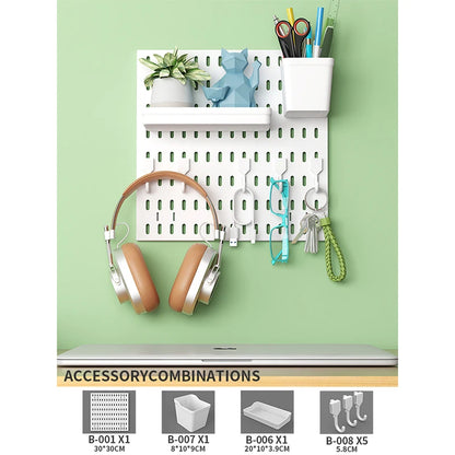 Home Office Pegboard Wall Storage Panel, PP Plastic Hole Board with Multi Hooks Shelf for Study Desk Stationery, Black White 