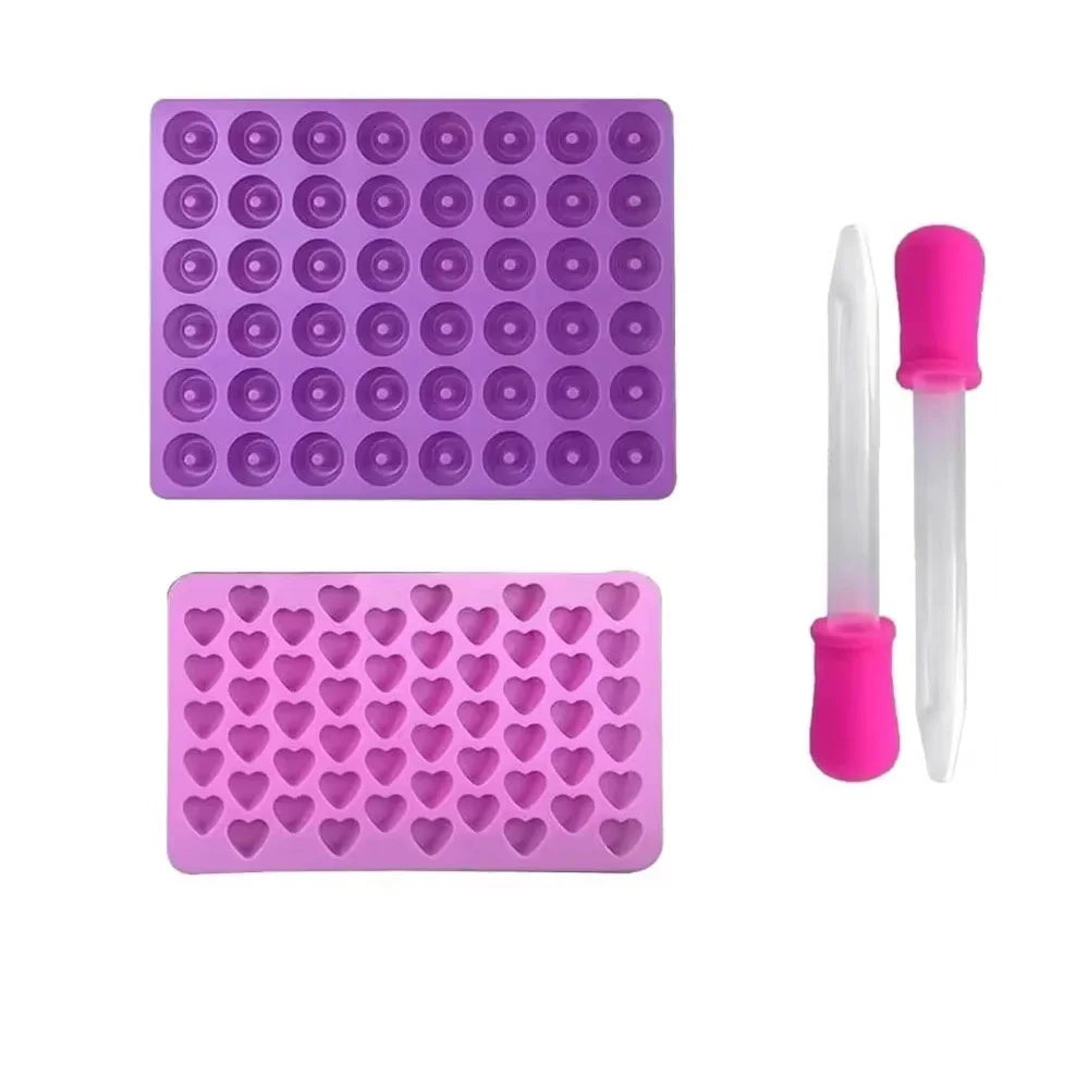 Gummy Bear Molds Silicone Mini Chocolate Candy Mold for Kid with 2 Droppers Including Dinosaur Bear Hearts Donut Shape - DE S