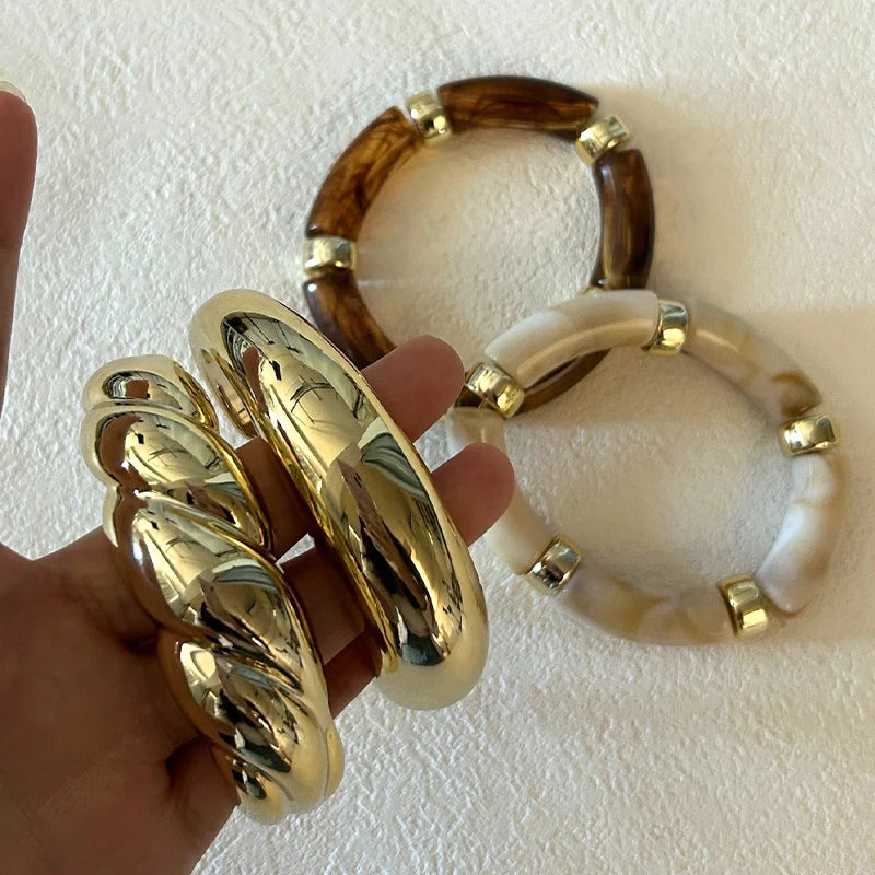 4pcs Vintage Minimalist Elegant Brown Resin Elastic Bangle Set Gold Color Smooth Open Bracelets For Women Daily Holiday Jewel