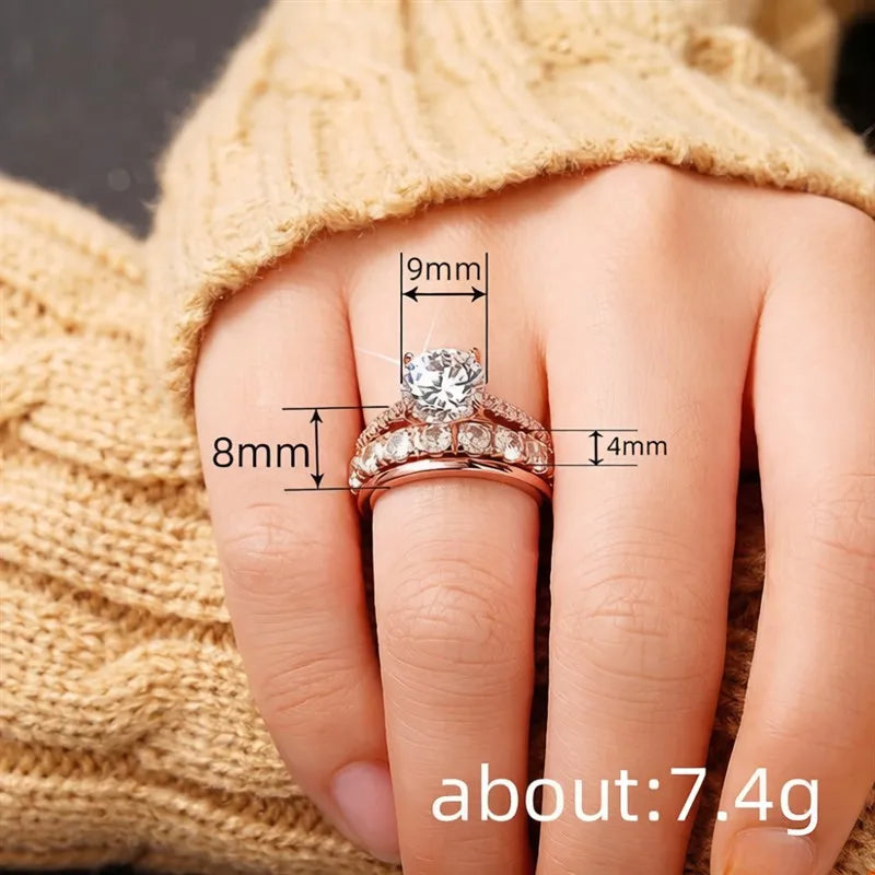 Huitan Gorgeous 3Pcs Set of Rings Female Luxury Shiny Round Zirconia Finger Jewelry Fashion Gold Color Accessories for Weddin