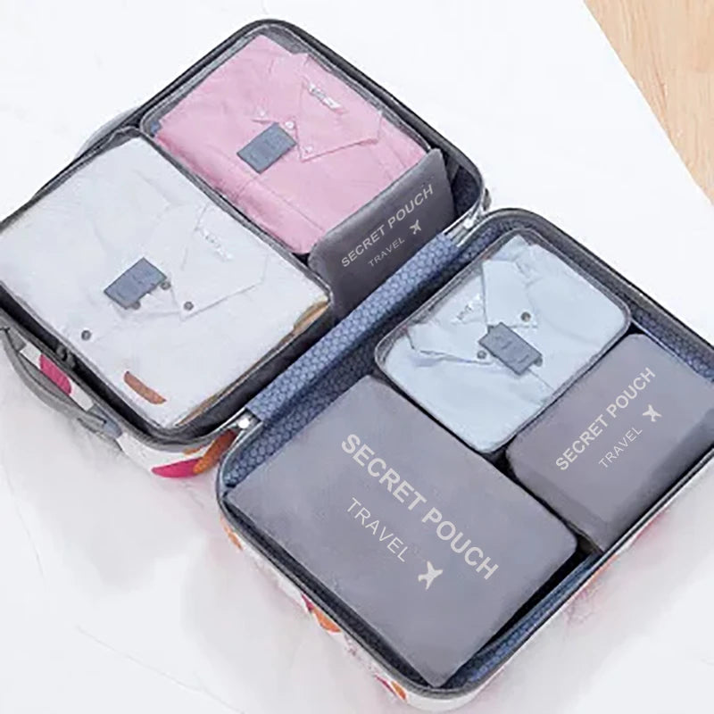 6 Pcs/Set Pink/Blue/Grey Travel Storage Bag Large Capacity Waterproof Luggage Clothing Underwear Storage with Zipper - 6pcs g