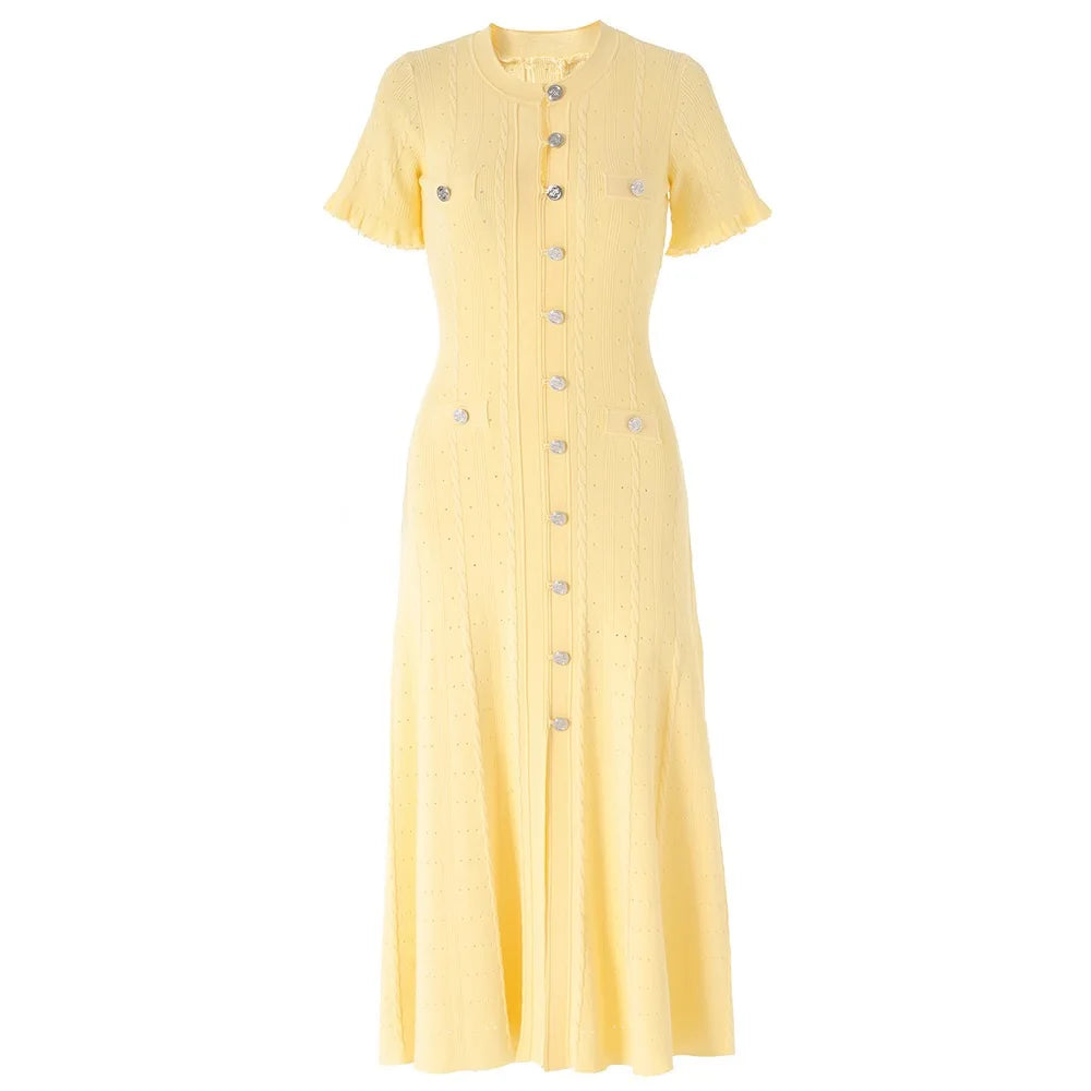 Vintage Cable Knit Midi Dress Button Front Ruffled Short Sleeve Pocket Design Elegant Party Casual Knitted Dress - YELLOW