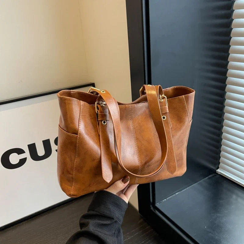 Fashion Retro Women PU Leather Shoulder Bags Trend High End Lady Tote Bag Large Capacity Female's Commuter Bag Handbag Purses