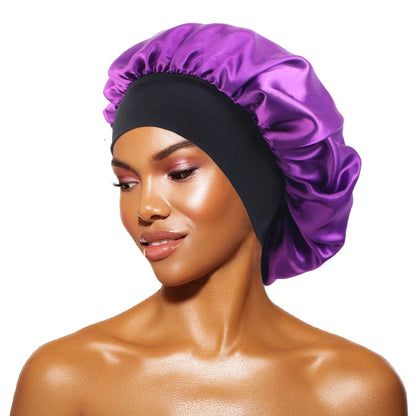 Women's Satin Solid Bonnets Wide-brimmed Night Sleeping Bathing Hat Unisex Head Wrap Elastic Band Cap Hair Care Bonnet - Dark