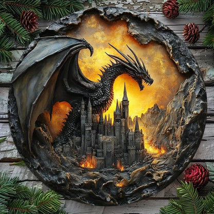 2D Round Wooden Plane Sign Art Dark Dragon Decorative Plates Entrance Gift Drangon Theme for Bar Club Home Room Wall Decor