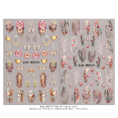 2pcs bohemian pattern embossed nail art stickers, retro nostalgic theme, easy to apply nail decoration, DIY, holiday gifts,