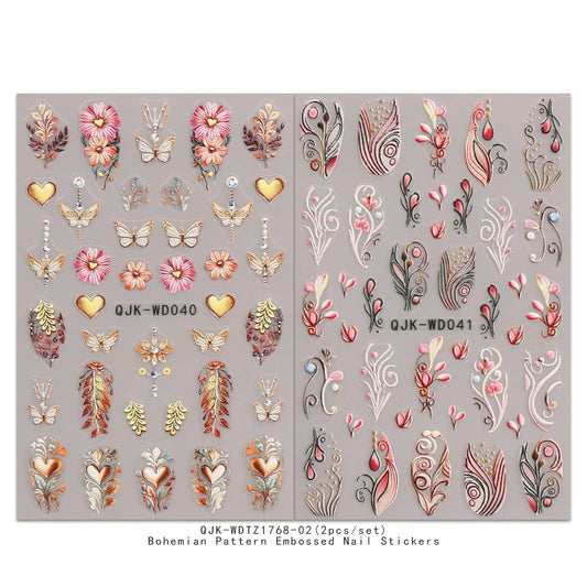 2pcs bohemian pattern embossed nail art stickers, retro nostalgic theme, easy to apply nail decoration, DIY, holiday gifts,