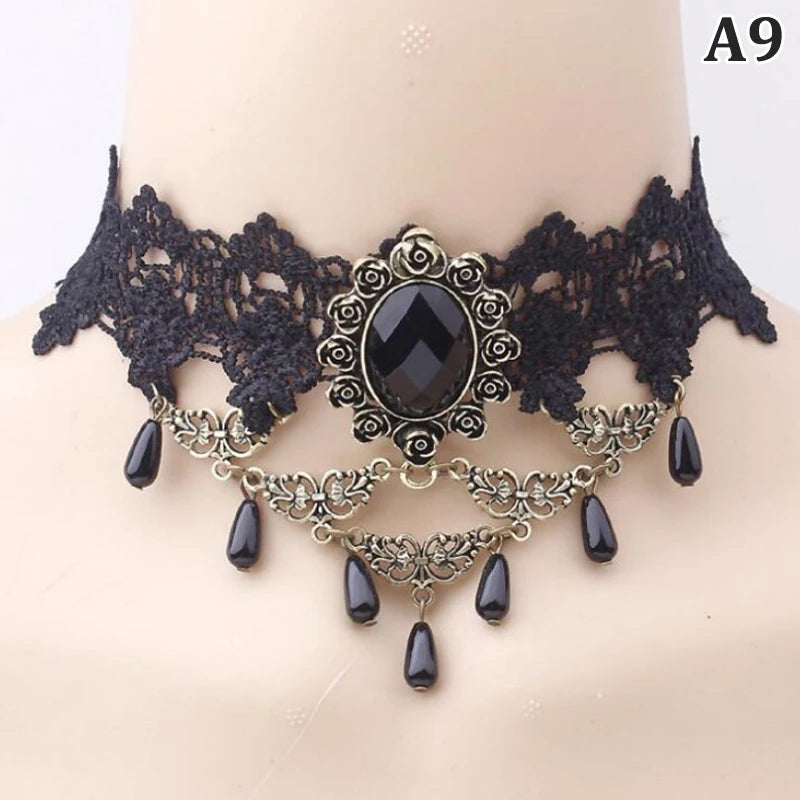 New Sexy Gothic Chokers Crystal Black Lace Neck Choker Necklace Vintage Victorian Women Chocker Steampunk Jewelry - A9
