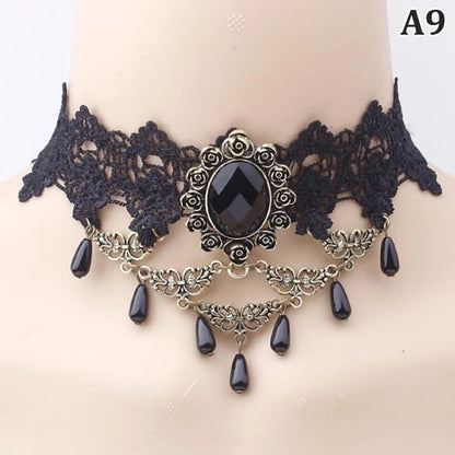 New Sexy Gothic Chokers Crystal Black Lace Neck Choker Necklace Vintage Victorian Women Chocker Steampunk Jewelry - A9
