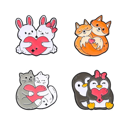4PCS Cartoon Animal Heart Lovers Enamel Pin Creative Penguin Cat Rabbit Fox Metal Brooch Badge Backpack Clothing Hat Accessor