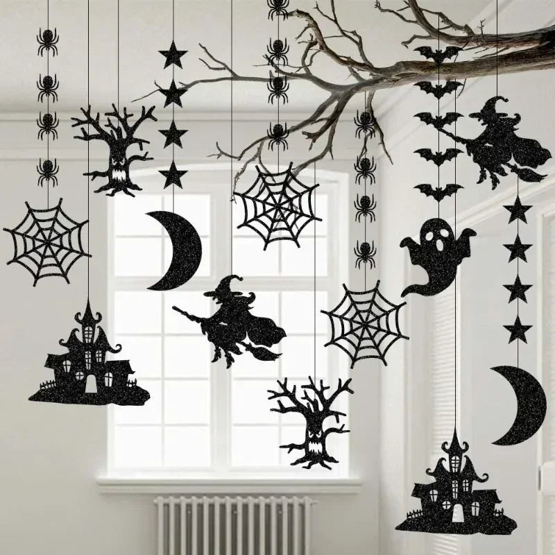 6pcs Halloween Hanging Banner Garland Scary Spider Witch Ghost Bat Pendant Ornament Happy Halloween Party Decorations for Hom