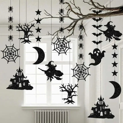 6pcs Halloween Hanging Banner Garland Scary Spider Witch Ghost Bat Pendant Ornament Happy Halloween Party Decorations for Hom