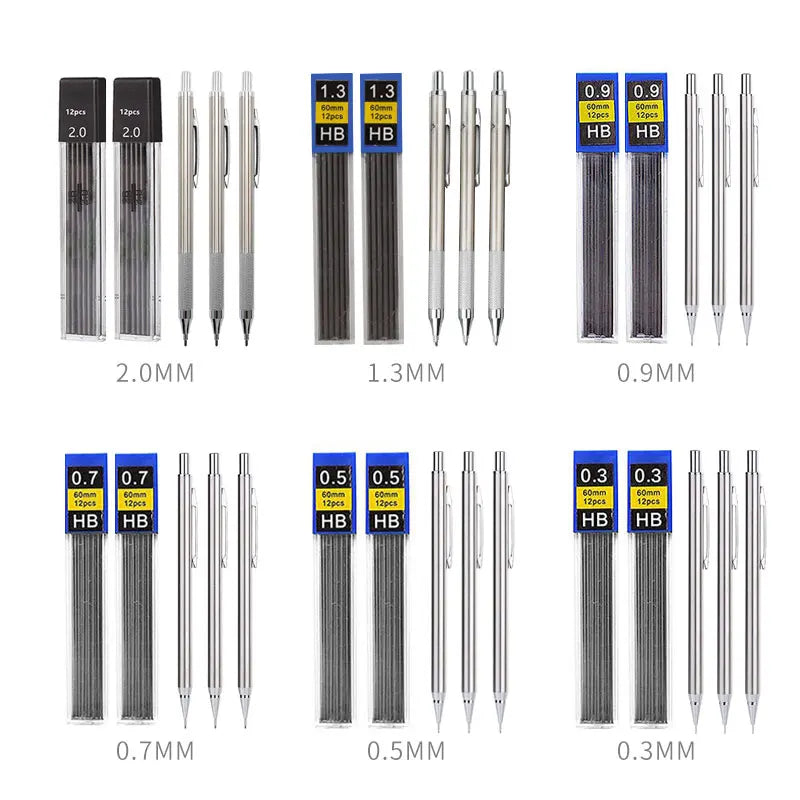 Mechanical Pencil Set 0.3 0.5 0.7 0.9 1.3 2.0mm Full Metal Art Drawing Painting Automatic Pencil with Leads Office School Sup