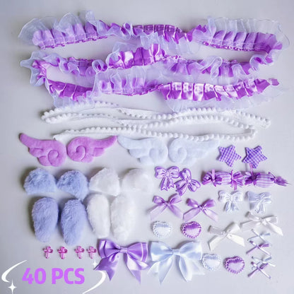 40 Pieces of Lace Handmade Material Kit, Lace Plush Bunny Ears, Angel Wings Accessories, Clothing Accessories, Heart and Star