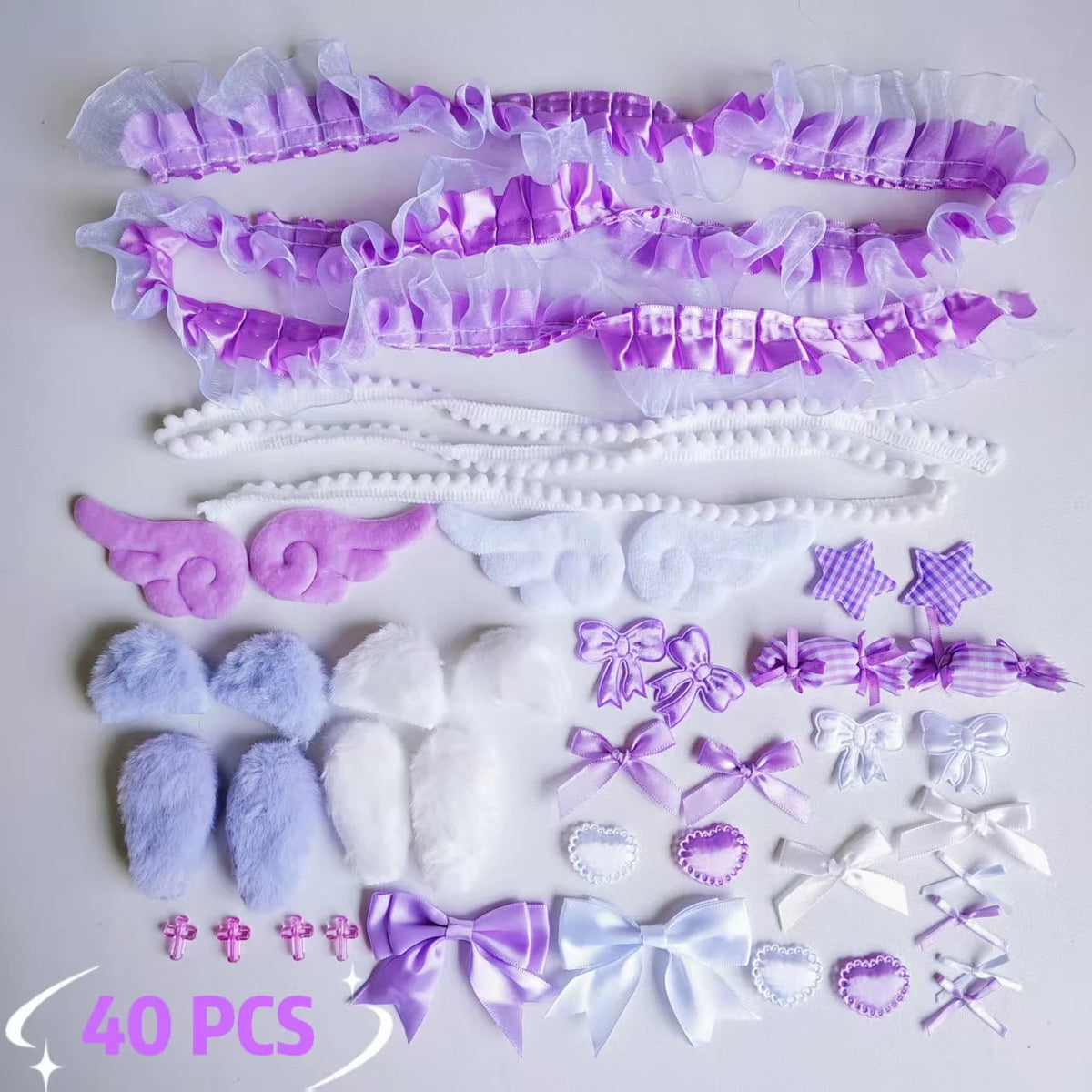 40 Pieces of Lace Handmade Material Kit, Lace Plush Bunny Ears, Angel Wings Accessories, Clothing Accessories, Heart and Star
