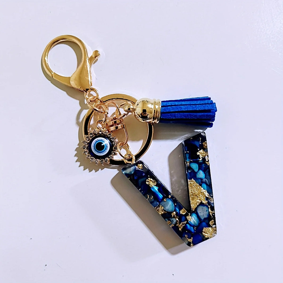 Blue Resin Initial Keychain - Evil Eye Letter Charm with Rhinestones & Tassel, Stylish Gift for Women, Lobster Clasp Accessor