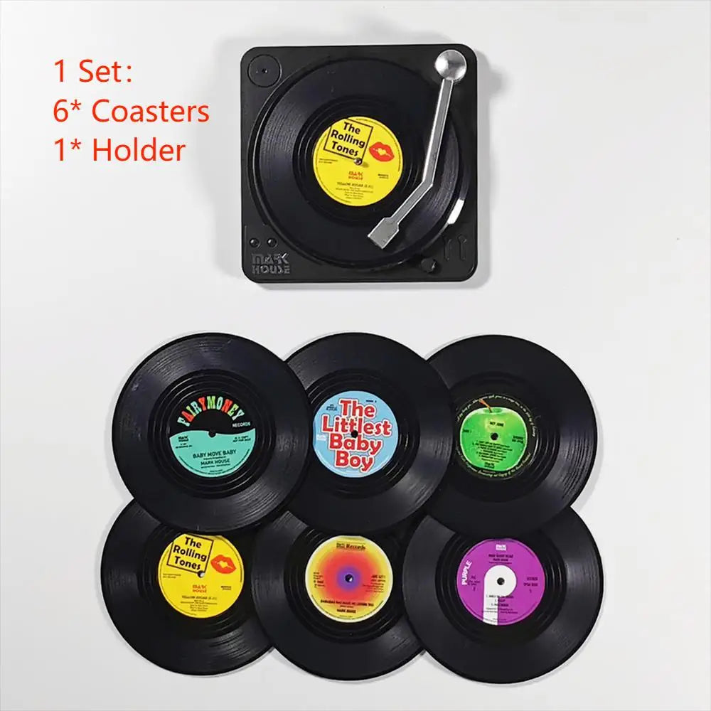 Set of 6 Vinyl Coasters for Drinks Music Coasters with Vinyl Record Player Holder Retro Record Disk Coaster Mug Pad Mat Creat