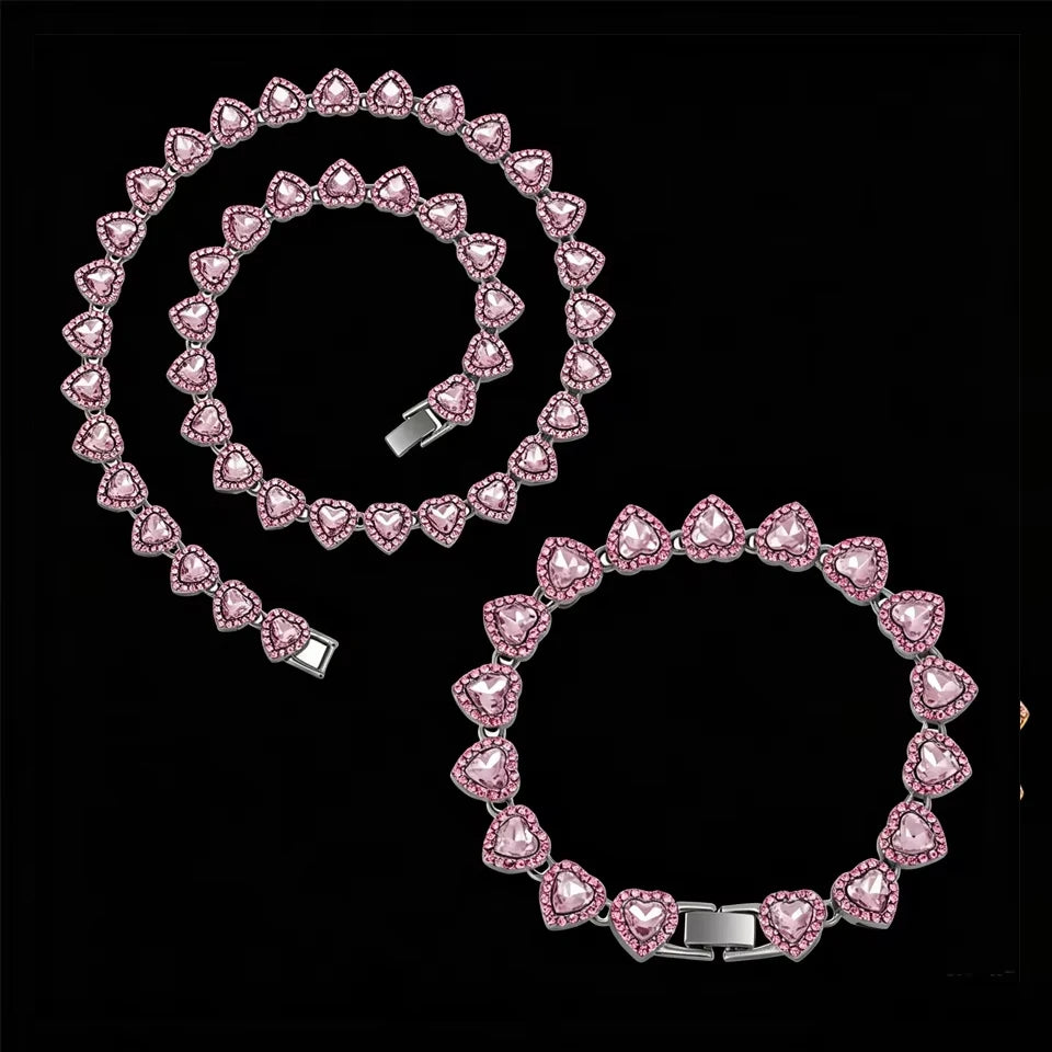 ZAKOL 45CM New Hip Hop Tennis Chain Bracelet Necklace Shiny Heart Rhinestone CZ Fashion Rock Party Jewelry Set - Pink Slivery