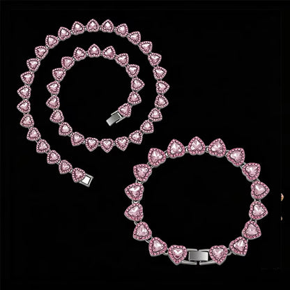 ZAKOL 45CM New Hip Hop Tennis Chain Bracelet Necklace Shiny Heart Rhinestone CZ Fashion Rock Party Jewelry Set - Pink Slivery