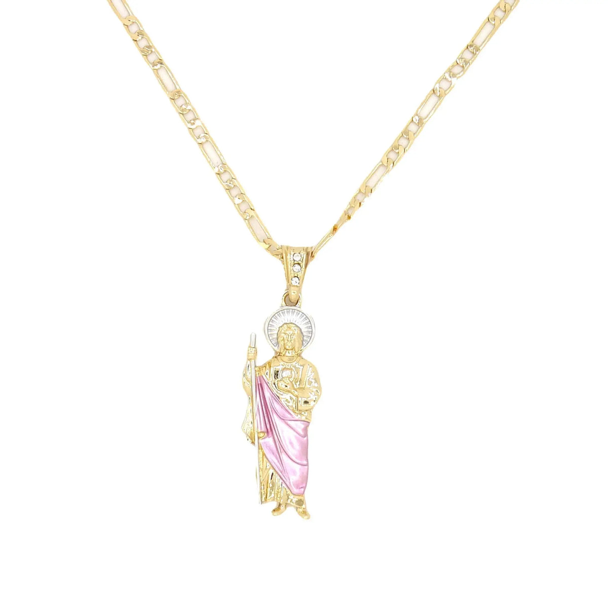 Saint Jude Necklace 14K Gold Plated San Judas Pendant Figaro Chain - pink