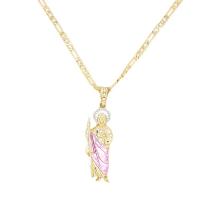 Saint Jude Necklace 14K Gold Plated San Judas Pendant Figaro Chain - pink