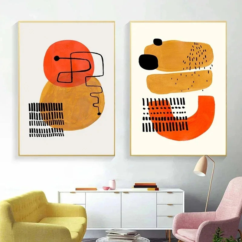 Minimalist Mid Century Watercolor Brush Strokes Poster Abstract Orange Canvas Print Painting Wall Art Picture Living Room Dec