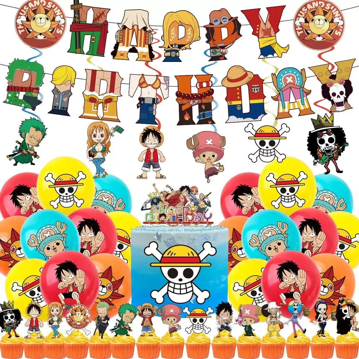 ONE PIECE Birthday Party Supplies Balloons Flags Cake Decorations for Kids Cartoon Theme - ONE B
