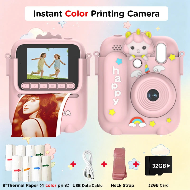 Color Printing Camera Kids Instant Camera 32GB 1080P Thermal Print Digital Camera Print Photo Video Games Music Children Gift