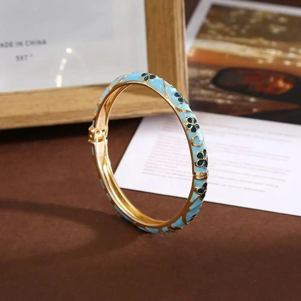 Traditional Vintage Cloisonne Bangle Chinese Classic Hollow Out Flower Bangle Vintage Ethnic Women's Hand Bracelet Jewelry Gi