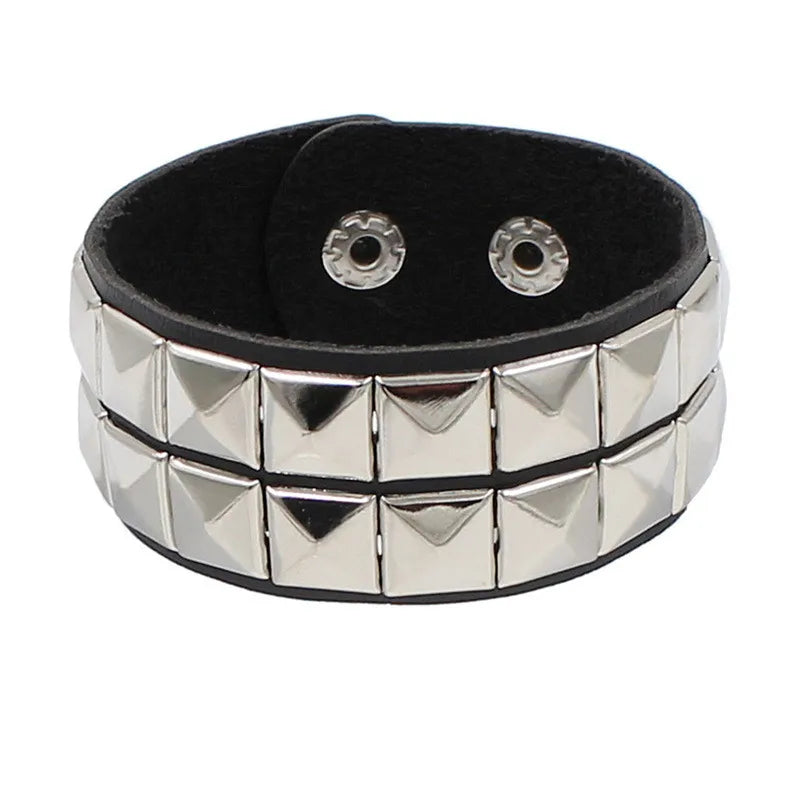 2023 New Gothic Punk PU Leather Bracelet 3 Row Cuspidal Spikes Rivet Chains Bracelet For Women Men' Friends Jewelry - 2