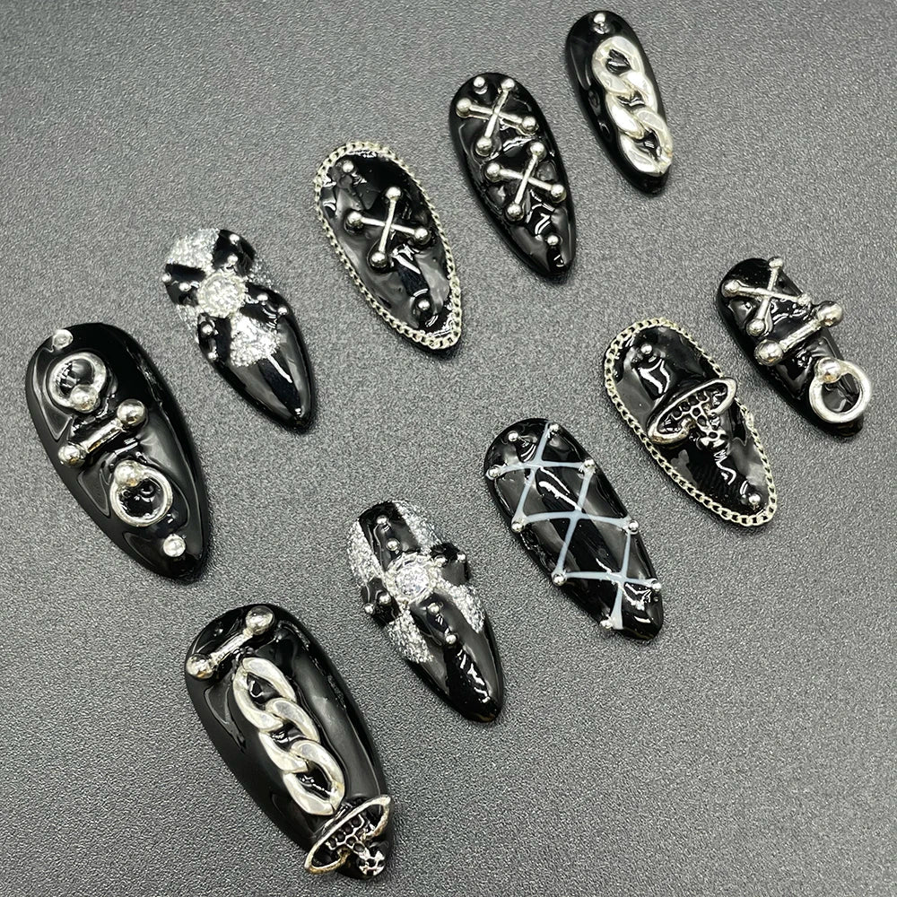 10Pcs Handmade Black Almonds Press On Nails Metal Chain Cool Fashion False Nail Reusable Full Cover Charm Nails Art