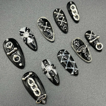 10Pcs Handmade Black Almonds Press On Nails Metal Chain Cool Fashion False Nail Reusable Full Cover Charm Nails Art