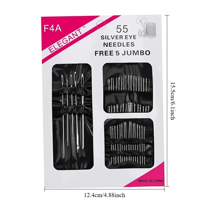55 Pieces Stainless Steel Big Eye Hand Sewing Needles Set with Different Sizes for Sewing Needlework Embroidery Stitching Nee