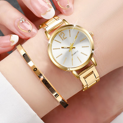 2PCS Women's Watch Fashion Gold Steel Band Quartz Wristwatch Opening Cuff Bracelet Set - Gold Set