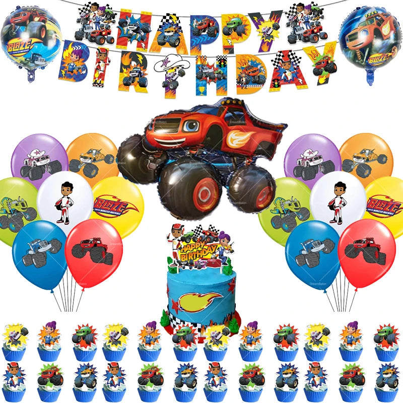 Blaze Monster Balloons Machines Race Car Happy Birthday Banner Party Decoration Cake Topper Disposable Tableware Background B