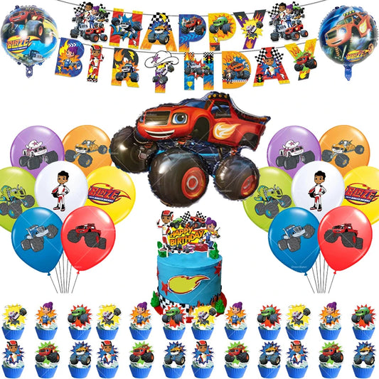 Blaze Monster Balloons Machines Race Car Happy Birthday Banner Party Decoration Cake Topper Disposable Tableware Background B