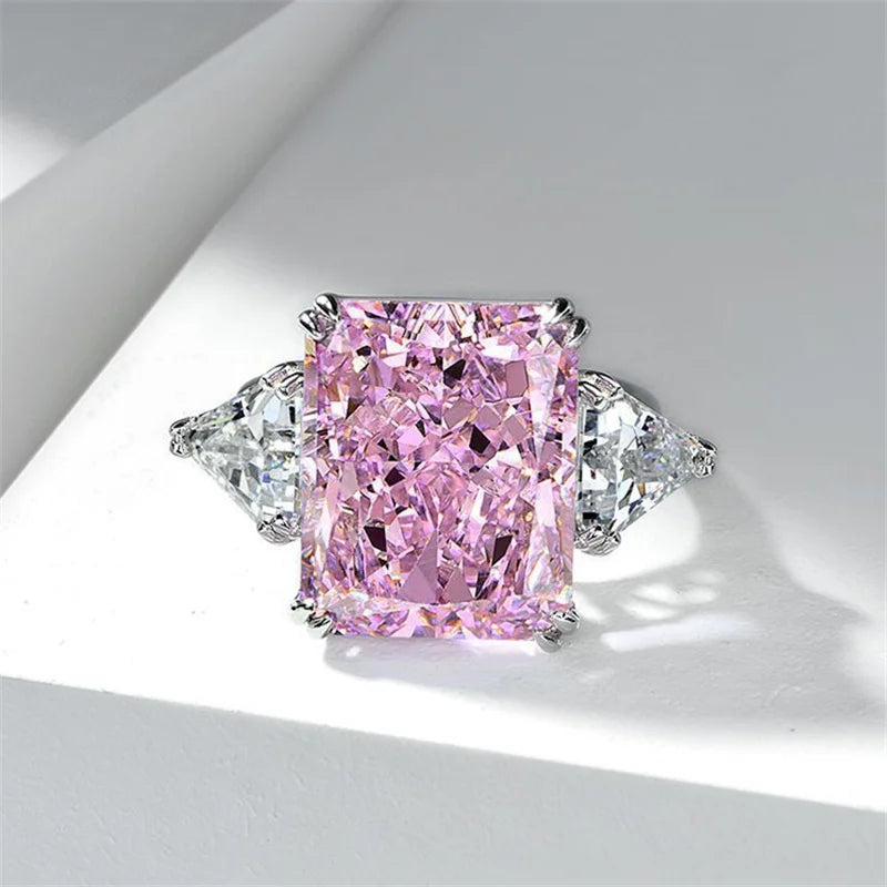 Luxury Geometric Big Square Stone Rings For Women Silver Color Charm Pink Yellow Zircon Wedding Bands Index Finger Party Jewe
