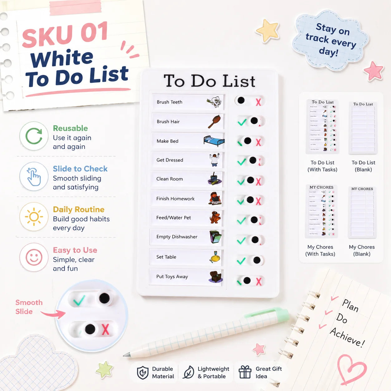 Self Discipline Checklist Board, Replaceable Plastic Chore Chart for Kids Adults, Summer Task Planner & Daily Habit Tracker -