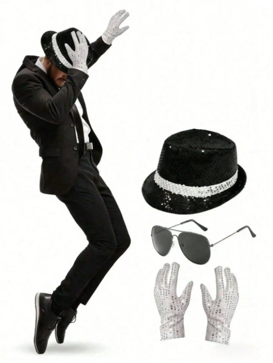 Michael Jackson Costume Accessories Set - Sequin Fedora Hat + Rhinestone Gloves + Aviator Sunglasses, Halloween Cosplay Party