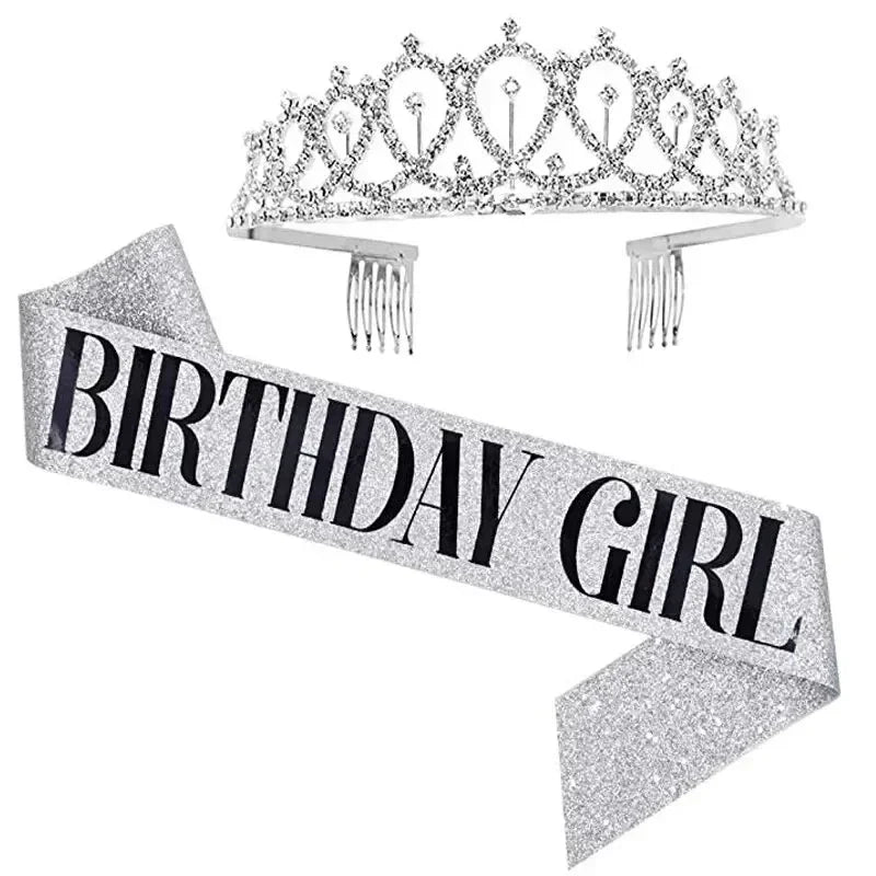 Bling Rhinestone Crystal Crown Tiara Birthday Anniversary Decoration Happy 18 21 30 40 50th Birthday Satin Sash Party Supplie