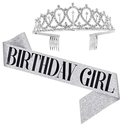 Bling Rhinestone Crystal Crown Tiara Birthday Anniversary Decoration Happy 18 21 30 40 50th Birthday Satin Sash Party Supplie