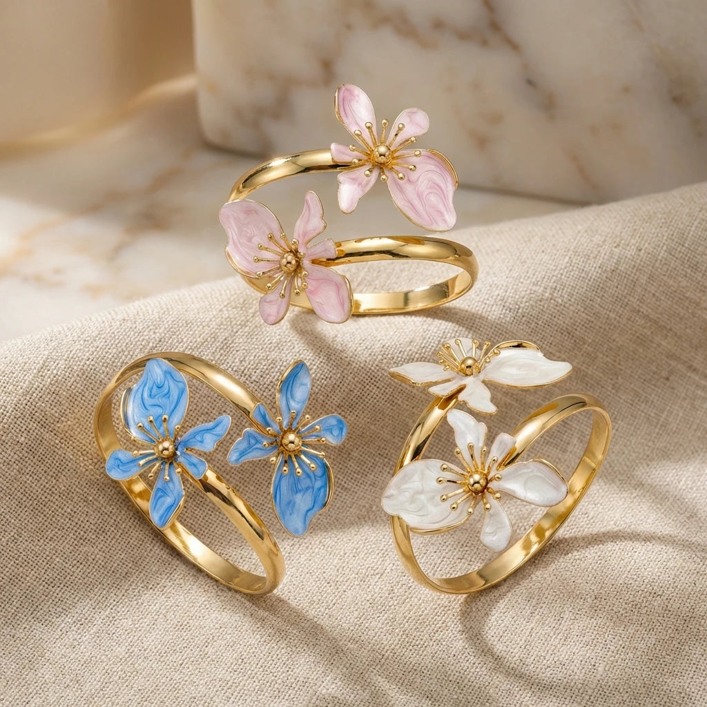Elegant Enamel Flower Open Cuff Bracelet For Women Gold Plated Metal Pink White Blue Floral Bangles Beach Party Vacation Jewe