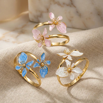 Elegant Enamel Flower Open Cuff Bracelet For Women Gold Plated Metal Pink White Blue Floral Bangles Beach Party Vacation Jewe