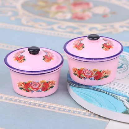 2pcs Dollhouse Miniature Nostalgic Life Scene Decoration Enamel Basin Doll Accessories Toys - Pink