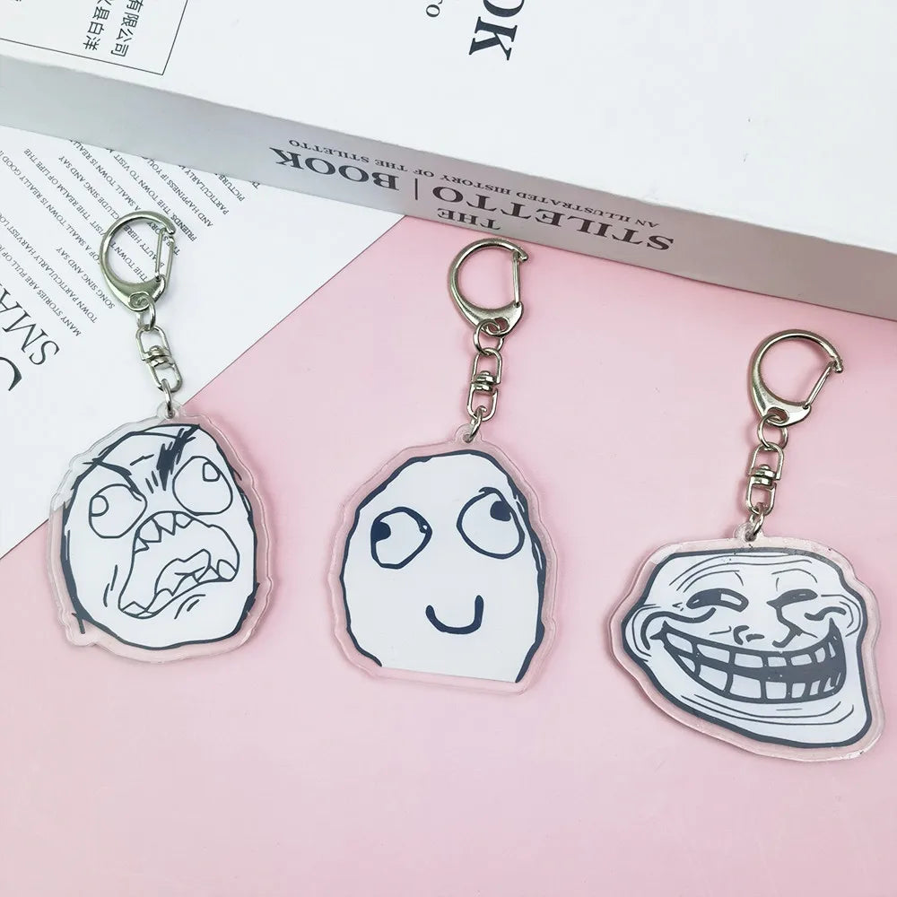 Creative Troll Face Keychains No Me Gusta Rage Forever Alone Acrylic Pendant Key Chain Backpack Car Ornament Comic Fans Gift